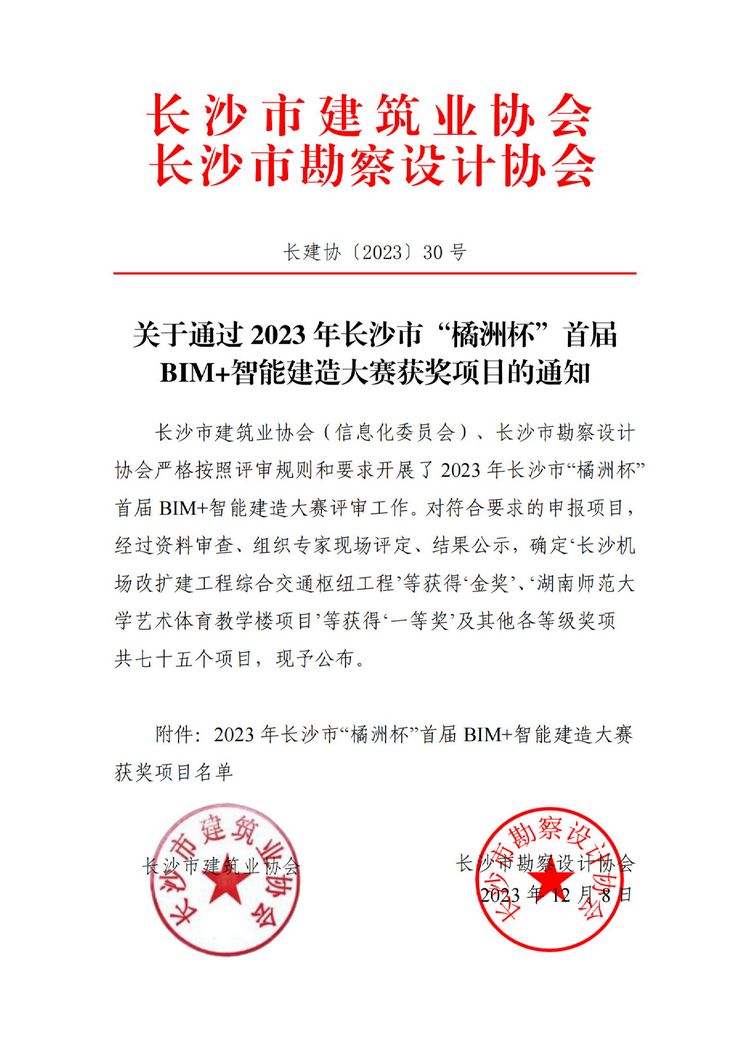 关于通过2023年长沙市“橘洲杯”首届BIM+智能建造大赛获奖项目的通知_纯图版.page1.jpg